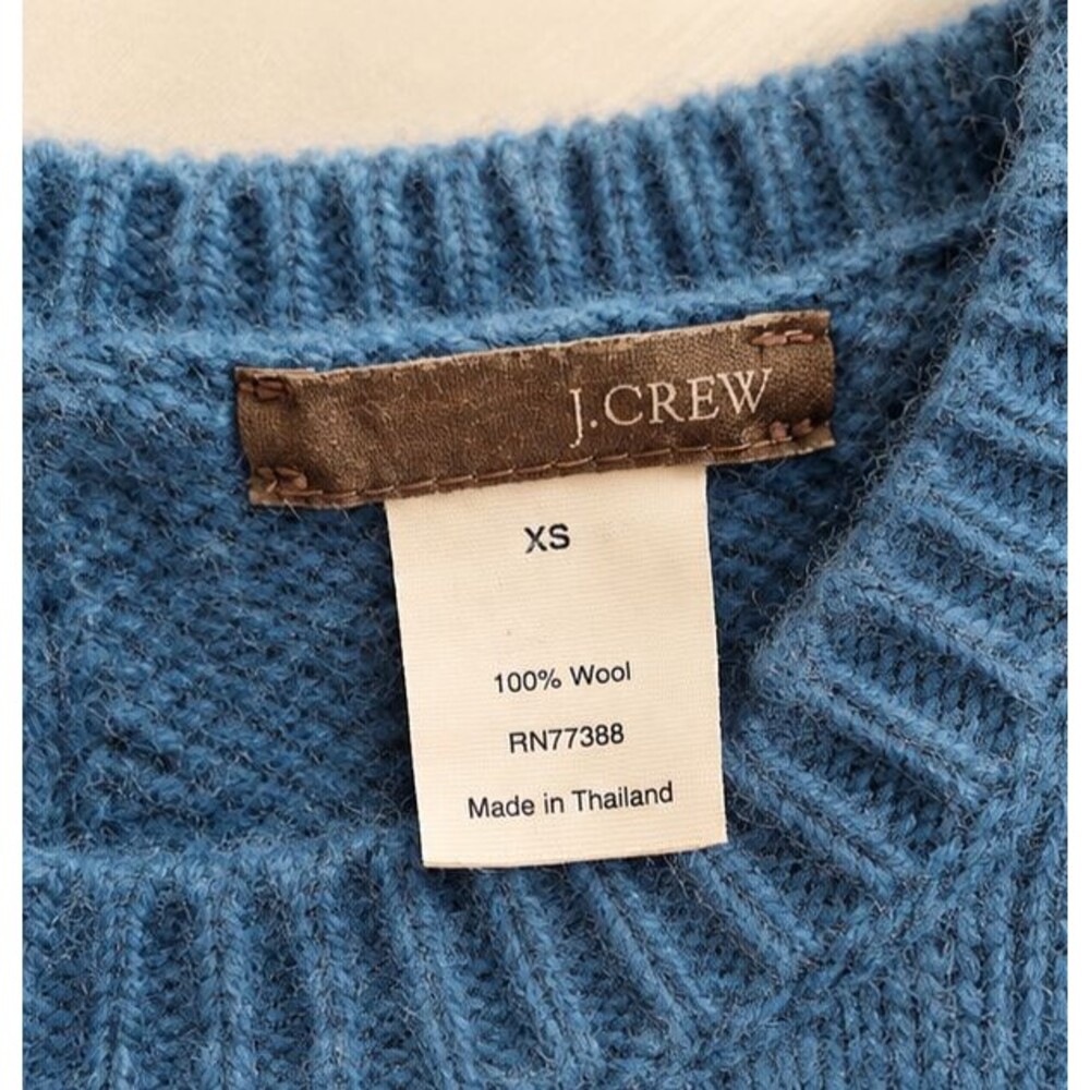 J.Crew Y2K XS 100% Wool Blue Puff Sleeve Crewneck Sweater Keyhole Back